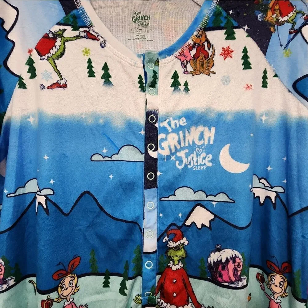 Nwt Justice Christmas Grinch Snow Scene Fairisle Snap Front 1Pc Pajamas, L 12/14